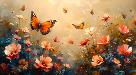 Obraz na płótnie Canvas Vibrant Melody: Impressionist Butterflies Dance Amidst Blossoms and Breeze