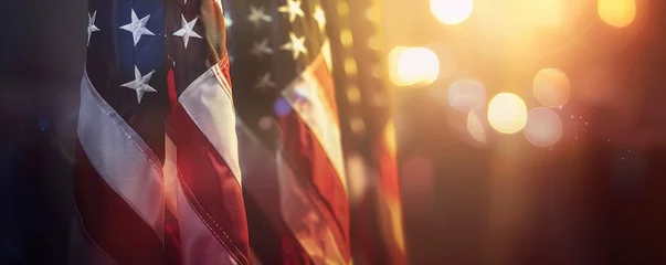 Fotobehang closeup of an American flag with copy space on a blurred bokeh background © Image
