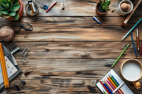 Wood coloring table office background, clean table with decoration elements and some colorings tools the center is large empty the shot taking from top and all elements are around. Generative AI.
