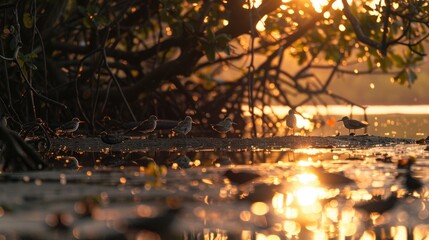 Birds perching in shallow water during sundown