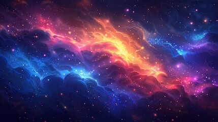 Stunning cosmic view with a glowing star amid red and blue nebulae - obrazy, fototapety, plakaty