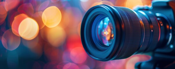 camera lens with a blurred background, symbolizing the creation of photos and videos for marketing and advertising. - obrazy, fototapety, plakaty