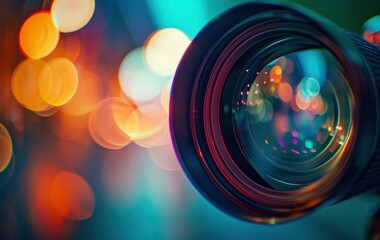 camera lens with a blurred background, symbolizing the creation of photos and videos for marketing and advertising. - obrazy, fototapety, plakaty