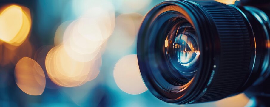 camera lens with a blurred background, symbolizing the creation of photos and videos for marketing and advertising.