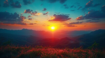 Stunning sunset over layered mountain ranges with vivid red and azure hues - obrazy, fototapety, plakaty