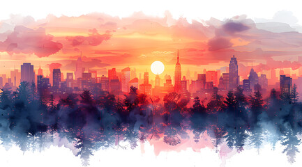 City Silhouettes at Sunset: Watercolor Playground for Aspiring Urban Artists - obrazy, fototapety, plakaty