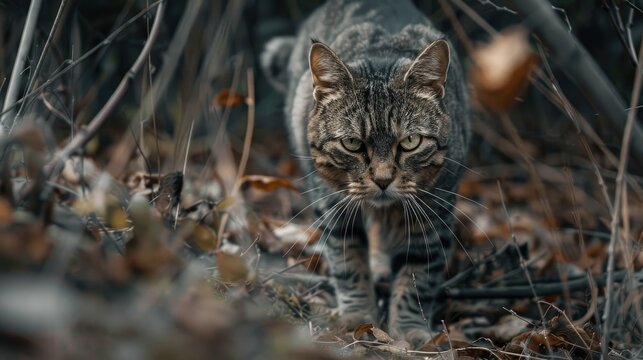 A sinister looking cat with striped fur in a natural setting