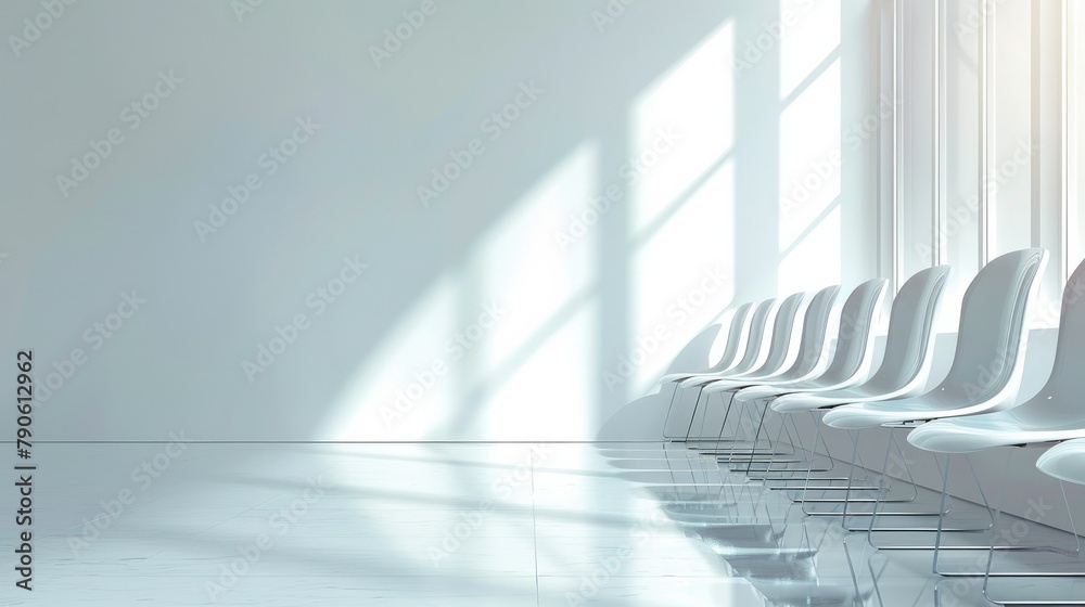 Poster Empty white space, white chairs placed at regular intervals. Generative AI.