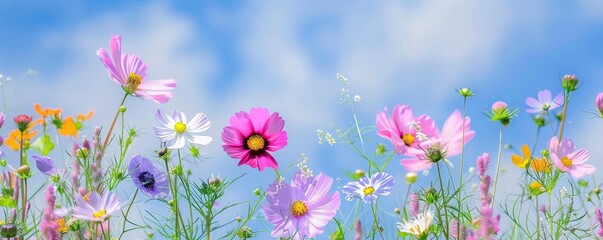 Vibrant, fully blooming wildflowers, including different colored daisies and cosmos set against a clear blue sky.