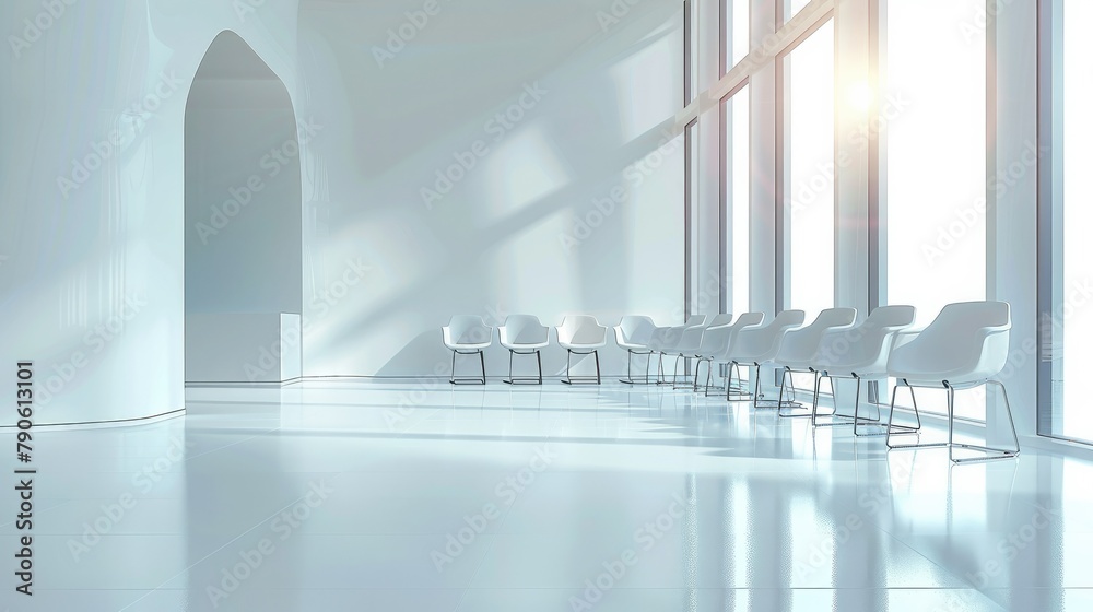 Poster Empty white space, white chairs placed at regular intervals. Generative AI.