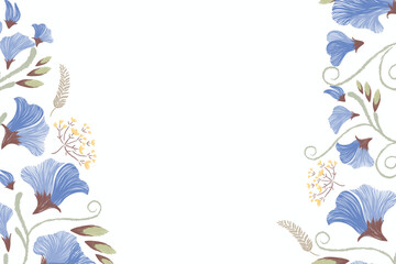 Flowers frame border embroidery ikat vintage blue sweet pea design on white background hand drawn vector illustration with copy space. 