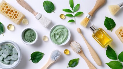 Brush-based flat-lay photography of spa and health components - obrazy, fototapety, plakaty