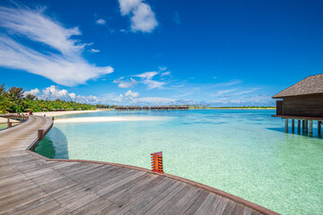 Summer vacation on tropical island hotel resort beautiful beach and palm trees sunny sea sky pier...