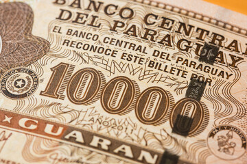 Paraguay financial concept, 10000 thousand guaranies banknote, close-up, Paraguay money