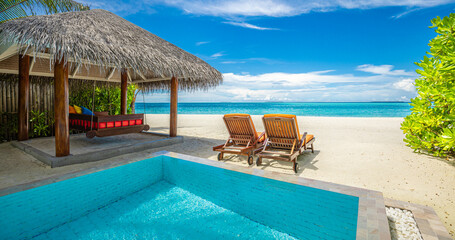 Tropical relax, outdoor tourism landscape. Luxury beach resort with private swimming pool and beach...