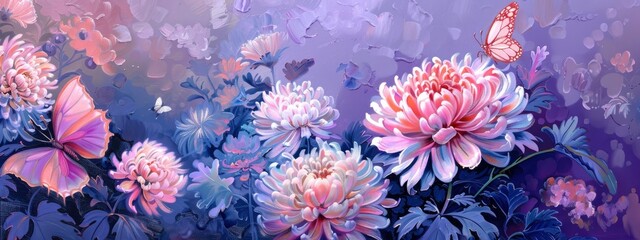 Purple backdrop, oil painting with pink and blue chrysanthemums with a pink butterfly - obrazy, fototapety, plakaty
