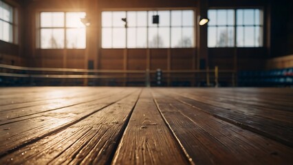 Empty wooden table with beautiful Sport club background, photorealistic,