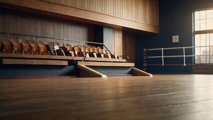 Empty wooden table with beautiful Sport club background, photorealistic, - obrazy, fototapety, plakaty