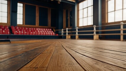 Empty wooden table with beautiful Sport club background, photorealistic,