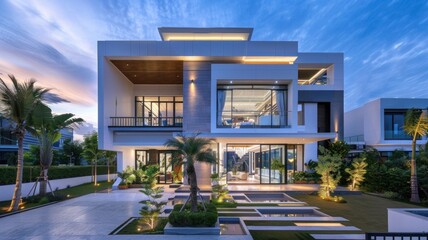 Obraz premium Exterior view of multiple modern house. Architecture 3d rendering of minimal modern house with natural landscape. Perspective of modern House background.