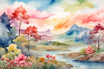 Poster Nature Watercolor Landscape Background, Watercolor Nature Scenery Wallpaper, Watercolor painting nature landscape, Abstract watercolor landscape background, AI Generative © Forhadx5