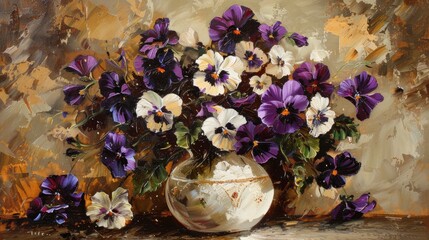 Brown background, white vase with purple and white pansies, old oil painting on canvas with visible brush strokes