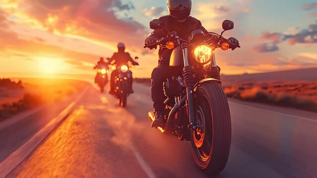 Sunset Riders: A Motorcyclist's Serenade on the Open Road. Concept Motorcycle tour, Adventure travel, Sunset photography, Motorcycle culture, Open road experience