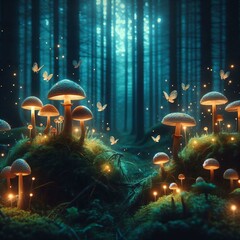 Fairy Lands as magical forest, fungus enchanted forest, fairytale, dark forest, magic forest. Generative AI.