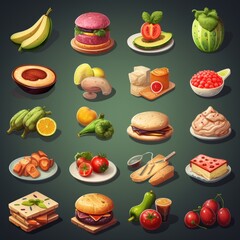 A collection of food items including fruits, vegetables, and drinks