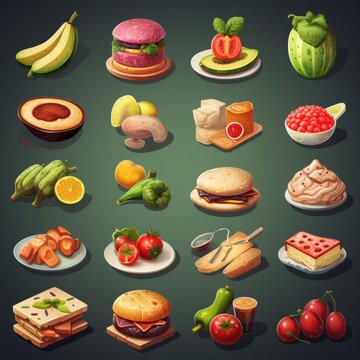 A collection of food items including fruits, vegetables, and drinks