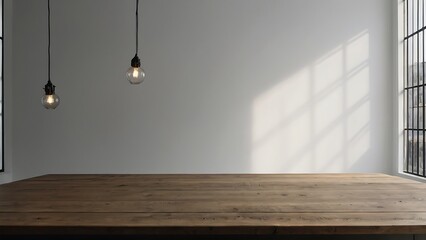 Empty wooden table with beautiful Minimal studio white room background, photorealistic - obrazy, fototapety, plakaty