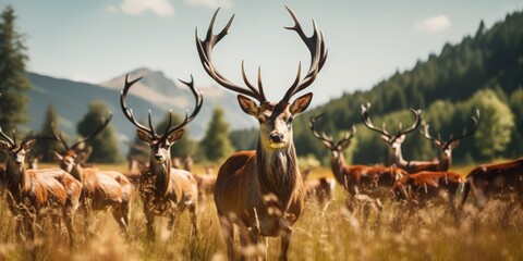 A herd of deer graze in a field with mountains in the background