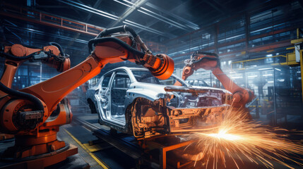 A robotic arm welds a car body on an assembly line in a factory.