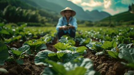 Spring green, Chinese farmer working in the field. Generative AI.