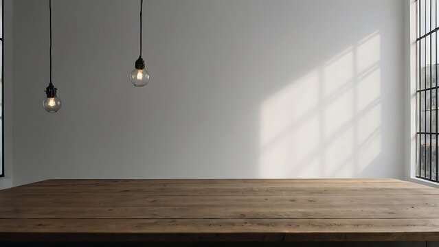 Empty wooden table with beautiful Minimal studio white room background, photorealistic