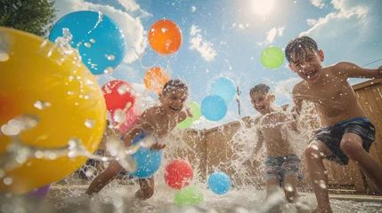 Fotobehang A joyful event unfolds as a group of children happily engage in a leisurely backyard activity, playing with water balloons. AIG41 © Summit Art Creations