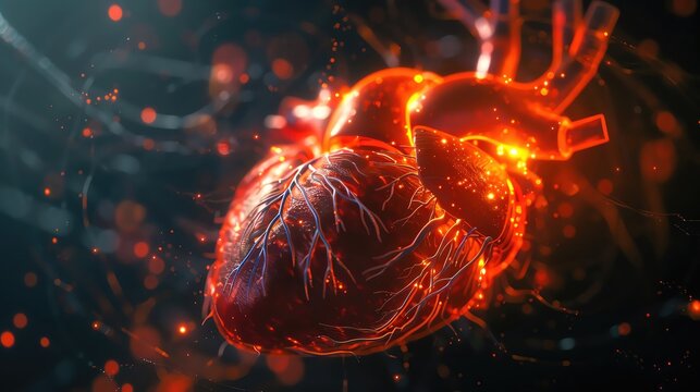 Closeup of a holographic heart beating, with pulsating lights and detailed anatomical features, ideal for medical and healthrelated advancements