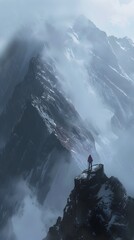 Fototapeta premium Solitary Hiker Traversing Misty Mountain Peaks Embracing the Unknown in a Dramatic Landscape
