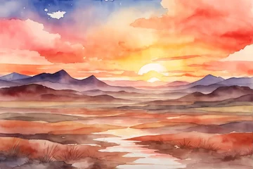 Rolgordijnen Sunset Watercolor Landscape Background, Sunset Background, Watercolor Sunset Scenery Wallpaper, Watercolor painting Sunset landscape, Abstract watercolor Sunset background, AI Generative © Forhadx5