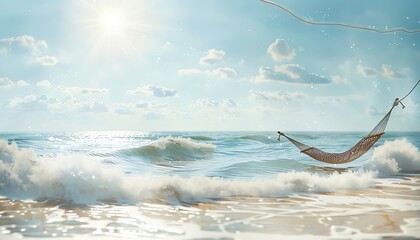 Capture the peaceful essence of a serene beach scene in watercolor, with gentle waves, a warm sun, and a hammock swaying in the breeze