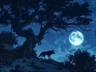 Solitary Wolf Prowling Beneath Moonlit Canopy of Ancient Trees in a Mystical Forest Landscape