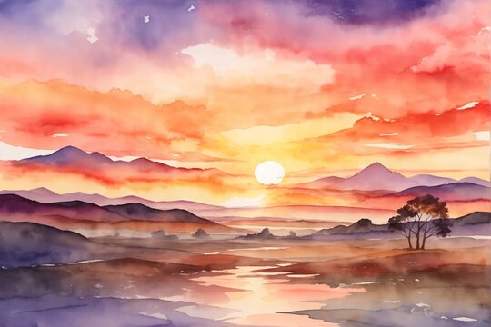 Sunset Watercolor Landscape Background, Sunset Background, Watercolor Sunset Scenery Wallpaper, Watercolor painting Sunset landscape, Abstract watercolor Sunset background, AI Generative