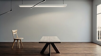 Empty wooden table with beautiful Minimal studio white room background, photorealistic