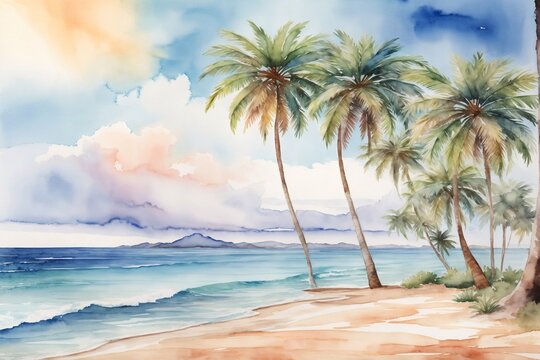 Watercolor palm beach wallpaper, Beach Watercolor Landscape Background, Watercolor palm island Scenery Wallpaper, Watercolor painting Summer Beach landscape, AI Generative