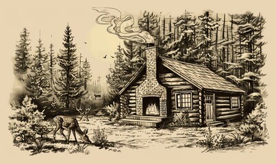 Obraz premium Illustrate a cozy cabin nestled in a forest clearing using pen and ink, showcasing a crackling fireplace, soft earth tones, and a deer grazing nearby