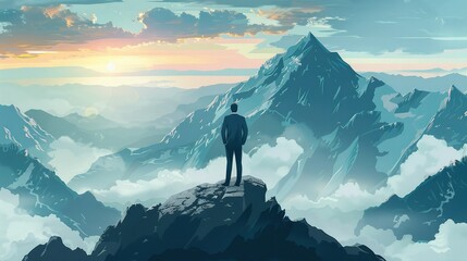 Rear view. Successful Business man standing on the top of the mountain looking at the view. Business success concept. illustration style. Generative AI. - obrazy, fototapety, plakaty