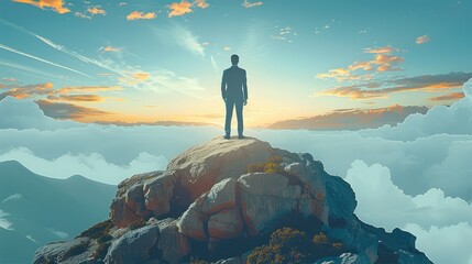 Rear view. Successful Business man standing on the top of the mountain looking at the view. Business success concept. illustration style. Generative AI. - obrazy, fototapety, plakaty