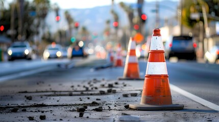 Traffic cones on a bustling city street undergoing repair. Focus on safety and urban maintenance. Daylight, shallow depth of field captures the details. AI - obrazy, fototapety, plakaty