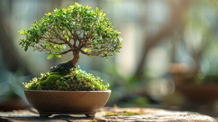 Attractive miniature Serissa bonsai in ceramic pot ideal for creating a natural and refreshing background or wallpaper