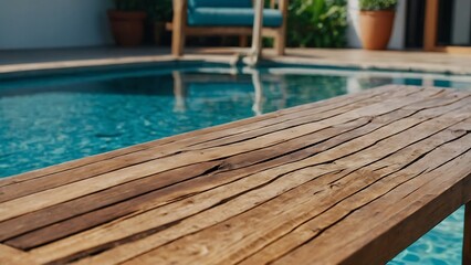 Empty wooden table with beautiful swimming pool background, photorealistic	